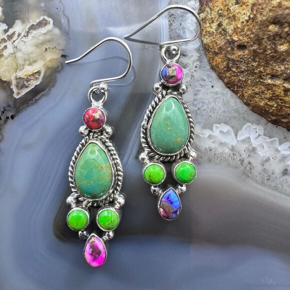 Sterling Southwestern Style Multistone Cluster Dangle Earrings For Women #4 - Picture 1 of 10